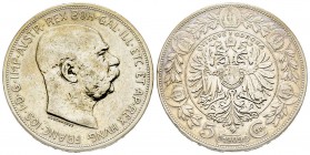 Austria 
Franz Joseph I 1848-1916
5 Corona 1909, AG 23.88 g. 
Ref : KM#2814
Conservation : TTB+