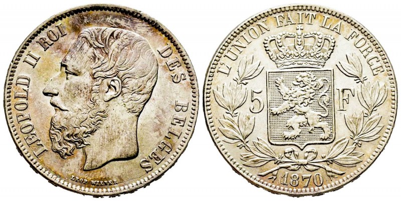 Belgium
Leopold II 1865-1909 
5 Francs, 1870, AG 25 g.
Ref : KM#24
Conservation ...