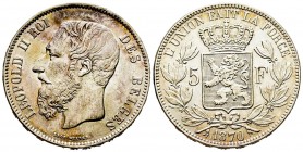 Belgium
Leopold II 1865-1909 
5 Francs, 1870, AG 25 g.
Ref : KM#24
Conservation : Superbe