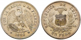 Chile
1 Peso, 1880, AG 24.77 g.
Ref : KM#142.1
Conservation : TTB/SUP