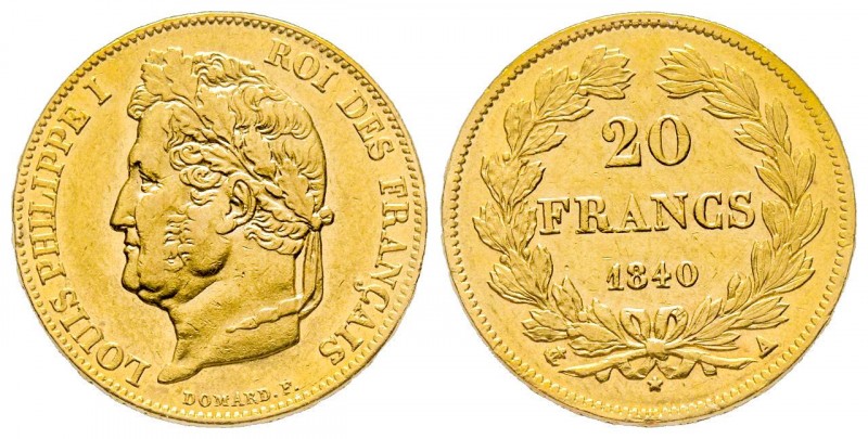 France
Louis Philippe
20 Francs, Paris, 1840 A, AU 6.45 g.
Ref : G. 1031
Conserv...