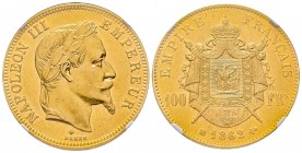 France
Second Empire
100 Francs, Strasbourg, 1862 BB, AU 32.25 g.
Ref : G.1136, Fr. 580
Conservation : NGC AU58
Quantité : 3078 exemplaies. Rare