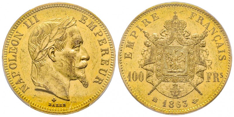 France
Second Empire
100 Francs, Strasbourg, 1863 BB, AU 32.25 g. Ref : G.1136, ...