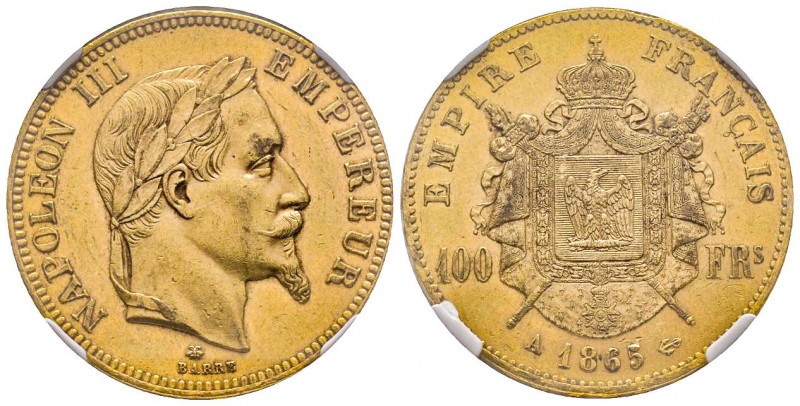 France
Second Empire
100 Francs, Paris, 1865 A, AU 32.25 g. Ref : G.1136, Fr. 58...