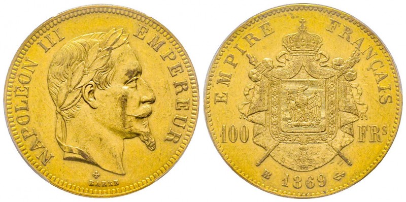 France
Second Empire
100 Francs, Strasbourg, 1869 BB, AU 32.25 g. Ref : G. 1136,...