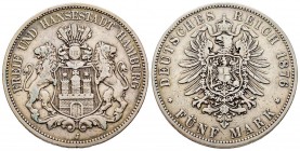 Germany
Hamburg
5 Mark, 1876 J, AG 27.48 g.
Ref : KM#287
Conservation : TTB