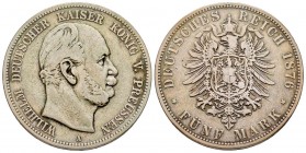 Germany
Prussia
Wilhelm I 1861-1888
5 Mark, 1876 A, AG 27.36 g.
Conqervation : TTB