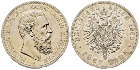 Germany
Prussia
Friedrich III 1888
5 Mark, 1888, AG 27.83 g.
Ref : KM#512
Conservation : Superbe
