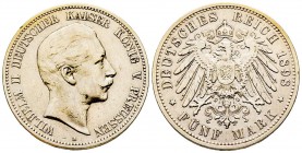 Germany
Prussia
Wilhelm II 1888-1918
5 Mark, 1898 A, AG 27.56 g.
Conqervation : TTB