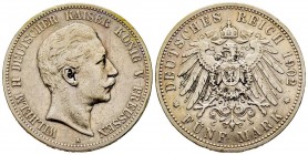 Germany
Prussia
Wilhelm II 1888-1918
5 Mark, 1902 A, AG 27.62 g.
Conqervation : TTB