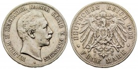 Germany
Prussia
Wilhelm II 1888-1918
5 Mark, 1902 A, AG 27.63 g.
Conqervation : TTB