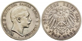Germany
Prussia
Wilhelm II 1888-1918
5 Mark, 1903 A, AG 27.62 g.
Conqervation : TTB