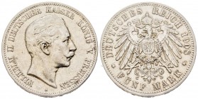 Germany
Prussia
Wilhelm II 1888-1918
5 Mark, 1908 A, AG 27.72 g.
Conqervation : TTB