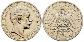 Germany
Prussia
Wilhelm II 1888-1918
3 Mark, 1911 A, AG 16.61 g.
Conqervation : presque Superbe