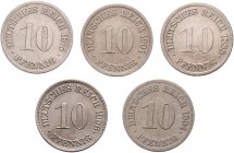 Lot
Deutschland, II. Deutsches Kaiserreich 1871 - 1918. 5 Stück, 10 Pfennige. a. ca 4,00g
J. 4
ab 1875 H
ss