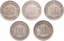 Lot
Deutschland, II. Deutsches Kaiserreich 1871 - 1918. 5 Stück, 10 Pfennige. a. ca 4,00g
J. 4
ab 1906
ss-vz