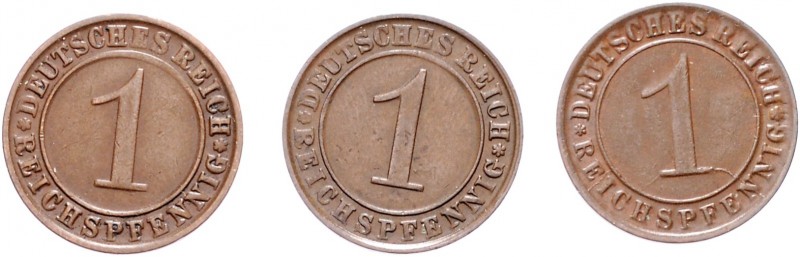 Lot
Deutschland, Weimarer Republik 1918 - 1933. 3 Stück, Reichspfennig. a. ca 2,...