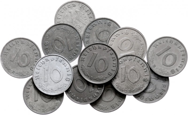 Lot
Deutschland, 3. Reich 1933 - 1949. 13 Stück, 10 Reichspfennig. a. ca 3,50g
J...