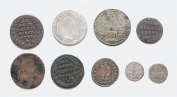 Lot
Römisch Deutsches Reich - Habsburgische Erb- und Kronlande. 9 Stück, ab 1704 diverse RDR Münzen vom Kreuzer bis 20 Kreuzer. s - ss