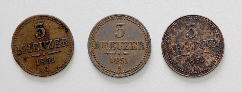 Lot
Münzen Kaisertum Österreich 1804 - 1918. 3 Stück 3 Kreuzer 1851 A / B / G ( ...