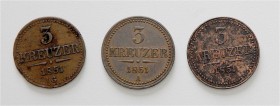 Lot
Münzen Kaisertum Österreich 1804 - 1918. 3 Stück 3 Kreuzer 1851 A / B / G ( Rf. ). ss