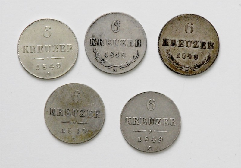 Lot
Münzen Kaisertum Österreich 1804 - 1918. 5 Stück 2x 1849 A, 3x 1849 C. ss-f....