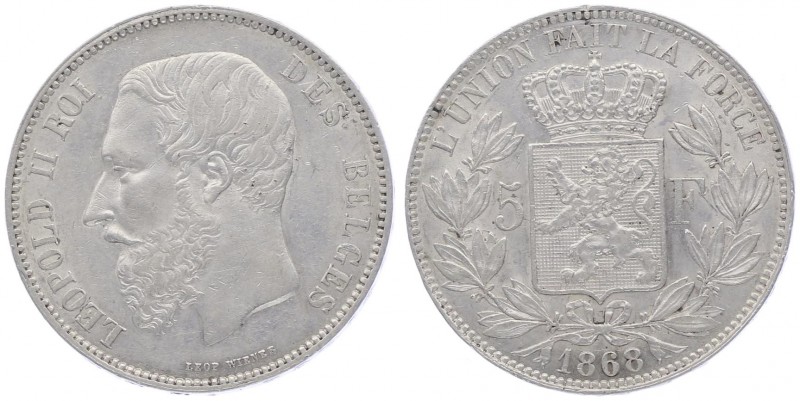 Leopold II. 1865 - 1909
Belgien. 5 Francs, 1868. Brüssel
24,98g
KM 24
vz/stgl