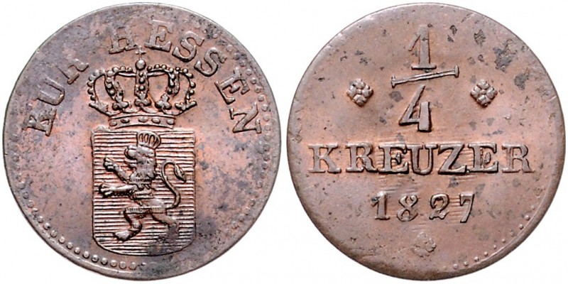 Wilhelm II. 1821 - 1847
Deutschland vor 1871, Hessen-Kassel. 1/4 Kreuzer, 1827. ...