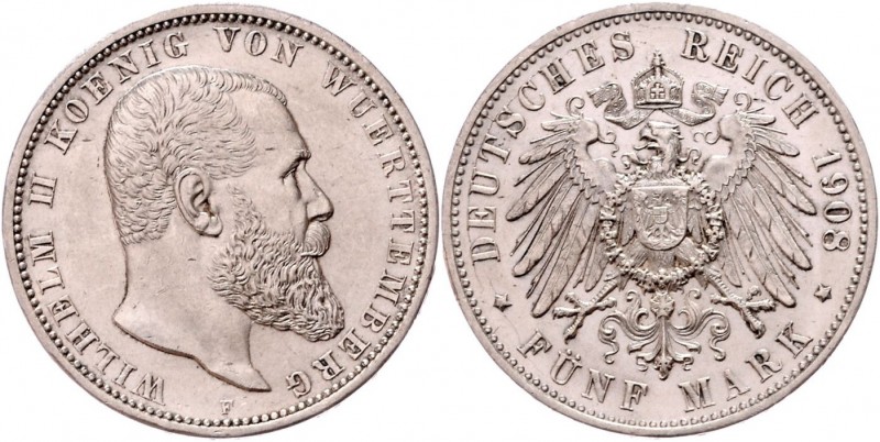 Wilhelm II. 1891-1918
II. Deutsches Kaiserreich 1871 - 1918, Württemberg. 5 Mark...