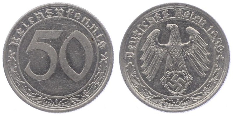 50 Reichspfennig, 1939 A
3. Reich 1933 - 1949. Wien. 3,55g
Jaeger 365
vz/f.stgl