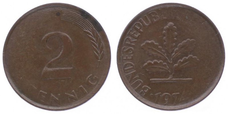 2 Pfennig, 1974
Bundesrepublik Deutschland seit 1949. Verprägung ( Prägeschwäche...