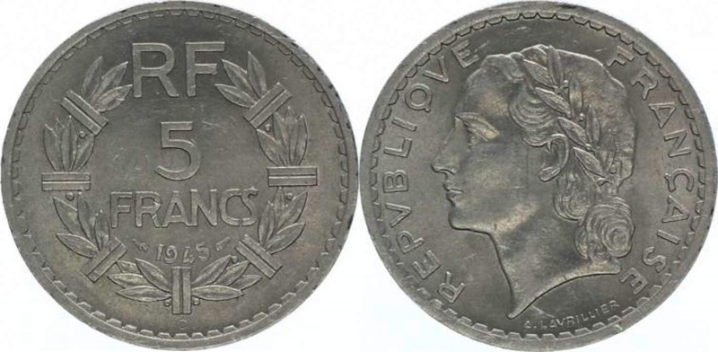 Dritte Republik 1871 - 1940
Frankreich. 5 Francs, 1945 C. 3,55g
KM 888b.3
vz/stg...