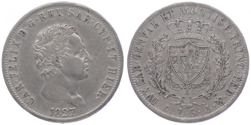 Carl Felix 1821 - 1831
Italien, Sardinien. 5 Lire, 1827. Genua
24,90g
Mont. 64. ...