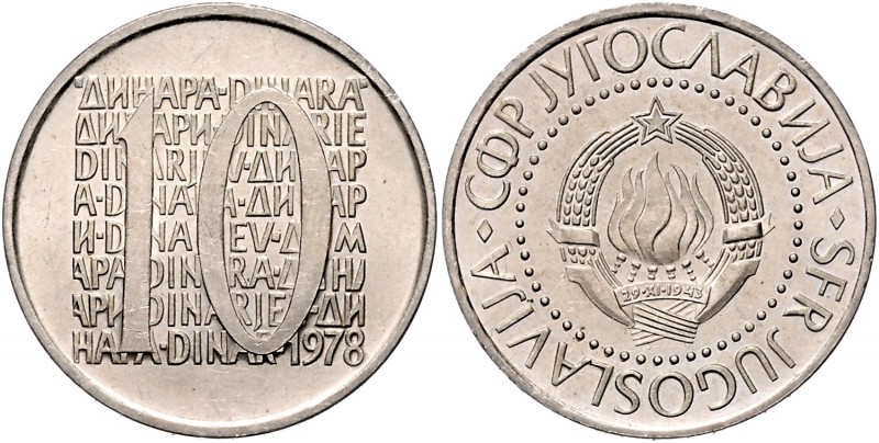 nach 1945
Jugoslawien. 10 Dinara, 1978. in Cu/Ni, Probeprägung mit einer Auflage...