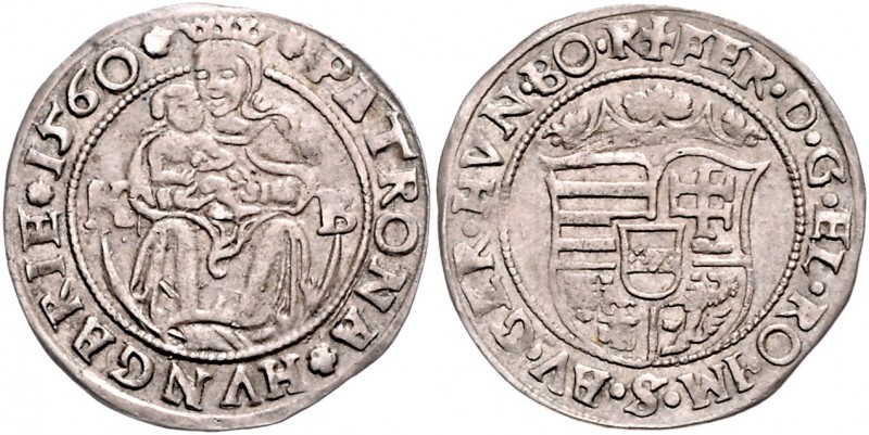 Ferdinand I. 1521 - 1564
Kleingroschen, 1560 K-B. Kremnitz
2,34g
MzA. Seite 43
s...