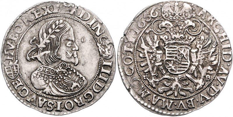 Ferdinand III. 1637 - 1657
1/4 Taler, 1656 K-B. Kremnitz
7,29g
Her. 666
Sf. am R...