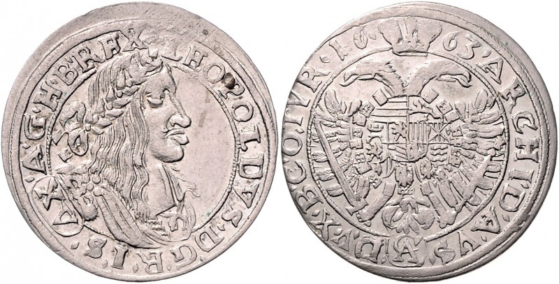 Leopold I. 1657 - 1705
XV Kreuzer, 1663 C-A. Wien
6,24g
Her. --, WIE 63.2.4.
f.v...