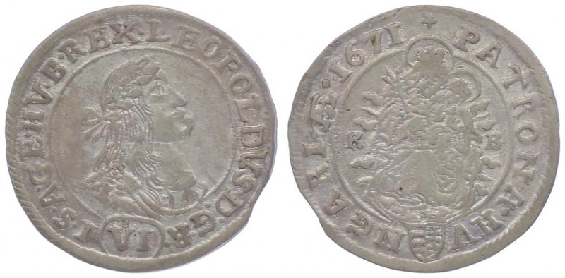 Leopold I. 1657 - 1705
VI Kreuzer, 1671 KB. Kremnitz
3,36g
Her. 1245
ss/vz