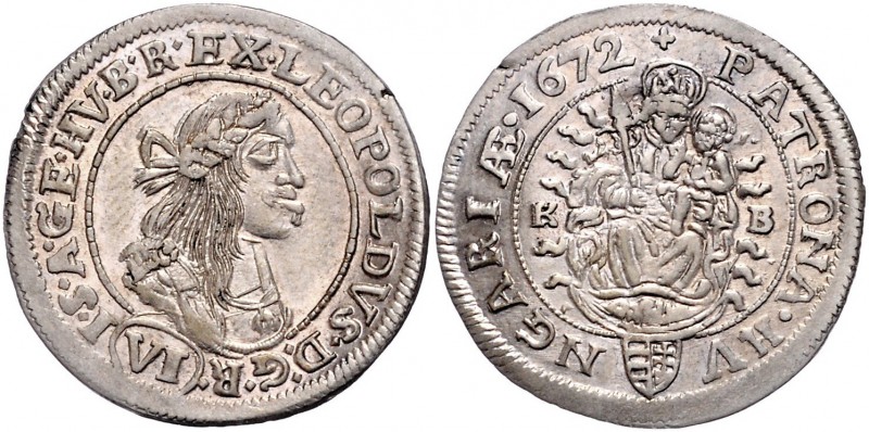 Leopold I. 1657 - 1705
VI Kreuzer, 1672 KB. Kremnitz
3,34g
Her. 1246
vz/stgl