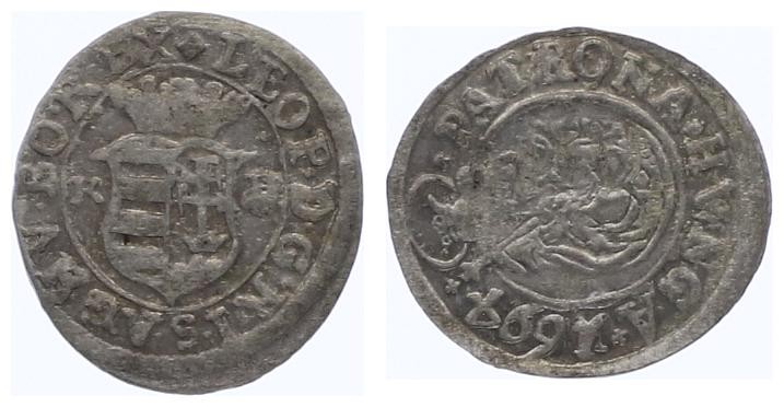 Leopold I. 1657 - 1705
Denar, 1694 KB. Kremnitz
0,46g
Her. 1982
ss/vz