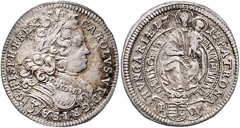 Karl VI. 1712 - 1740
3 Kreuzer, 1715. Preßburg
1,68g
Her. 841
vz/f.vz