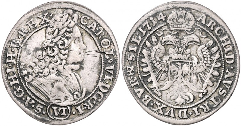 Carl VI. 1711 - 1740
VI Kreuzer, 1714. Breslau
3,00g
Her. 695
f.ss/ss