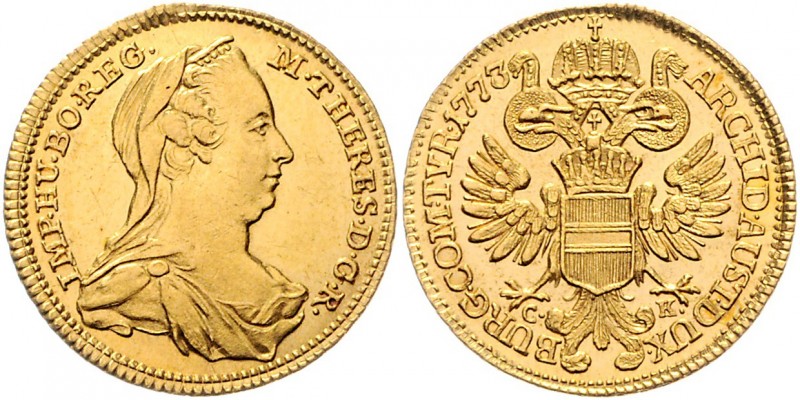 Maria Theresia 1740 - 1780
Dukat, 1773 C-K. Wien
3,48g
Fr. 62a, Her. 111, Eyp. 1...