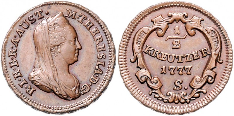 Maria Theresia 1740 - 1780
1/2 Kreuzer, 1777 S. Schmöllnitz
5,22g
Fr. 1374, Her....