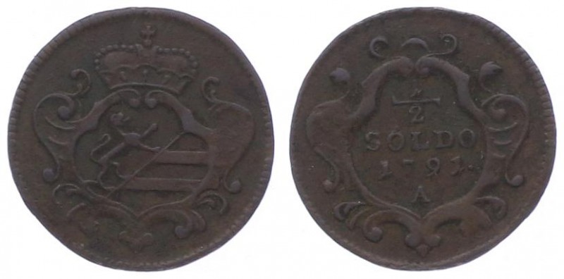 Leopold II. als Kaiser 1790 - 1792
1/2 Soldo, 1791 A. Wien
1,26g
Her. 104
vz