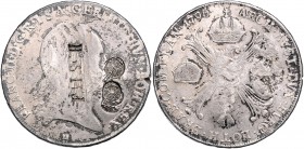 Franz II. 1792 - 1806
Kronentaler, 1795 H. mit Gegenstempel von Friesland mit Pfeilbündel und einer getilgten Punze
Günzburg
28,40g
Her. 484
f.ss/ss