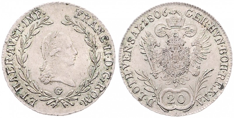 Franz II. 1792 - 1806
20 Kreuzer, 1806 G. Nagybanya
6,67g
Her. 670
vz/stgl