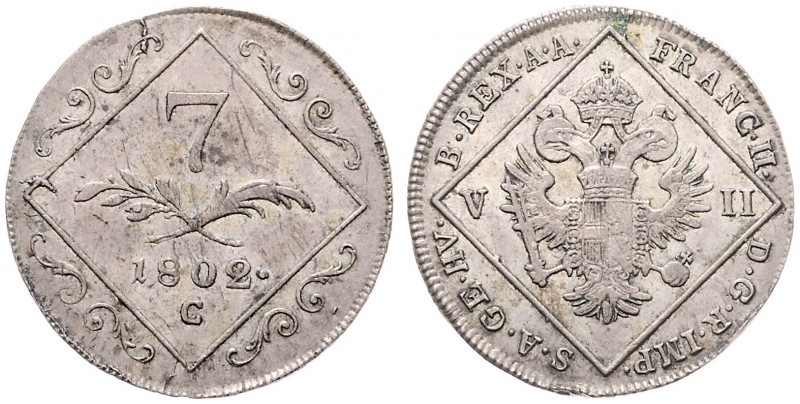 Franz II. 1792 - 1806
7 Kreuzer, 1802 C. Prag
4,68g
Her. 886
ss/vz