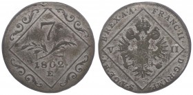 Franz II. 1792 - 1806
7 Kreuzer, 1802 E. Karlsburg
4,12g
Her. 887
deutliche Überprägungsspuren
ss