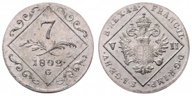 Franz II. 1792 - 1806
7 Kreuzer, 1802 G. Nagybanya
4,79g
Her. 889
stgl